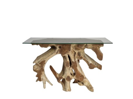 Artekko Munggur Ξύλινη Κονσόλα από Ρίζα Teak σε Ανοιχτό Καφέ (100x40x78)cm με Τζάμι (120x45)cm