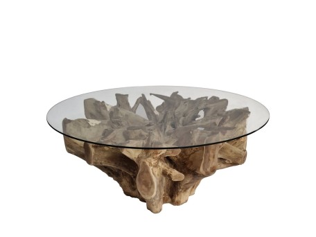 Artekko Munggur Ξύλινο Τραπέζι Σαλονιού από Ρίζα Teak σε Φυσική Απόχρωση (Φ100x51)cm με Τζάμι Φ120cm