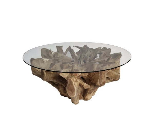 Artekko Munggur Ξύλινο Τραπέζι Σαλονιού από Ρίζα Teak σε Φυσική Απόχρωση (Φ100x51)cm με Τζάμι Φ120cm