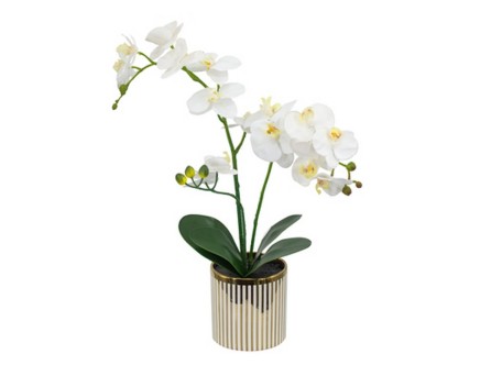 Artekko Orchid Τεχνητή ορχιδέα σε Κασπώ Πολυεστέρα/Κεραμικό/Πλαστικό Λευκό/Χρυσό (24x15x52)cm