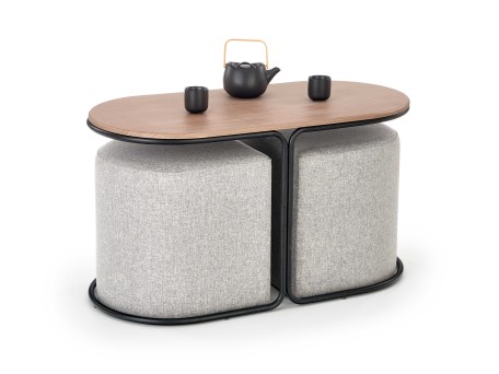 PAMPA, coffee table with pouffes, top: walnut, legs: black, pouffe: grey DIOMMI V-CH-PAMPA-LAW