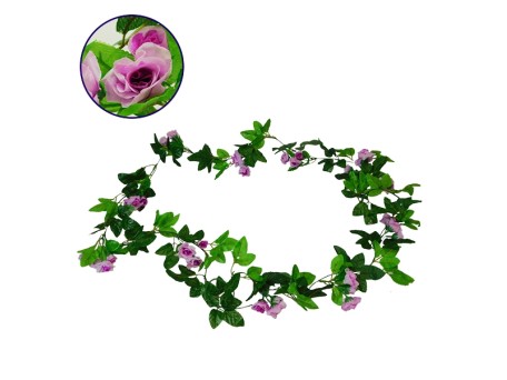 Τεχνητό Κρεμαστό Φυτό Διακοσμητική Γιρλάντα Μήκους 2.2 μέτρων με 33 X Μικρά Τριαντάφυλλα Μωβ Λευκά Diommi 09016