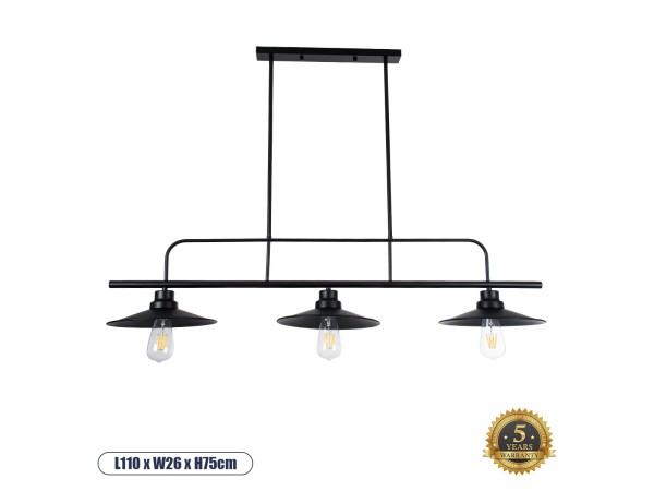 GLOBOSTAR® REGAL 01009 Vintage Φωτιστικό Οροφής με Ντουί 3 x E27 AC 220-240V IP20 - Μαύρο - Μ110 x Π26 x Υ75cm