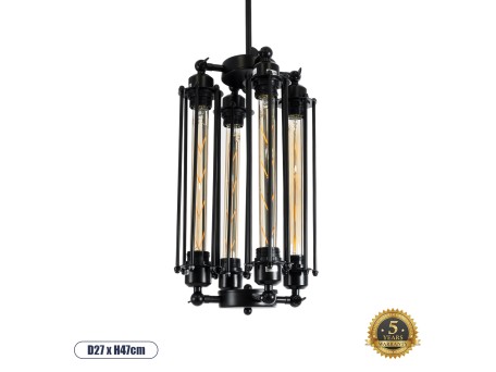 GLOBOSTAR® TUBING 01013 Vintage Κρεμαστό Φωτιστικό Οροφής με Ντουί 4 x E27 AC 220-240V IP20 - Μαύρο - Μ27 x Π27 x Y47cm