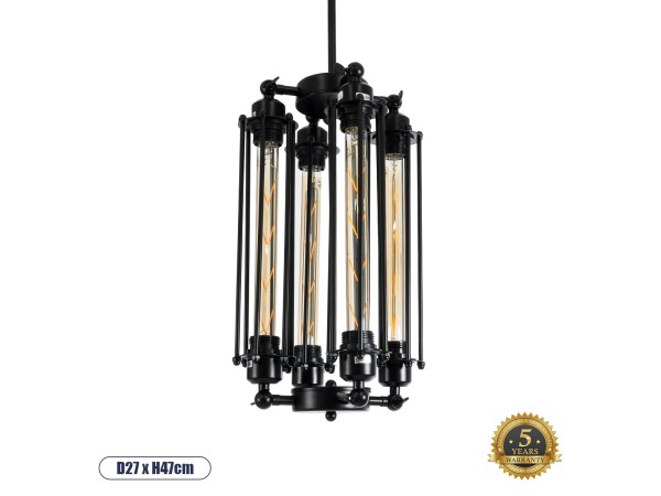 GLOBOSTAR® TUBING 01013 Vintage Κρεμαστό Φωτιστικό Οροφής με Ντουί 4 x E27 AC 220-240V IP20 - Μαύρο - Μ27 x Π27 x Y47cm