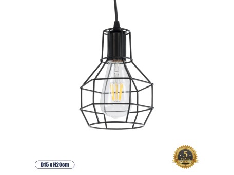 GLOBOSTAR® CAGE 01017 Vintage Κρεμαστό Φωτιστικό Οροφής με Ντουί 1 x E27 AC 220-240V IP20 - Μαύρο - Μ15 x Π15 x Υ20cm