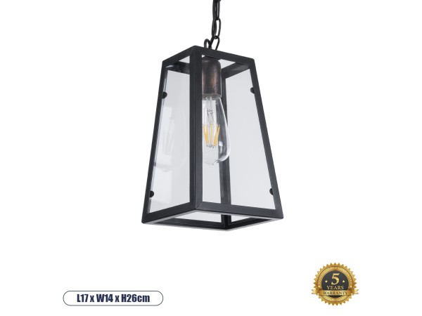GLOBOSTAR® LIMA 01040 Vintage Κρεμαστό Φωτιστικό Οροφής με Ντουί 1 x E27 AC 220-240V IP20 - Μαύρο & Διάφανο - Μ17 x Π14 x Υ26cm