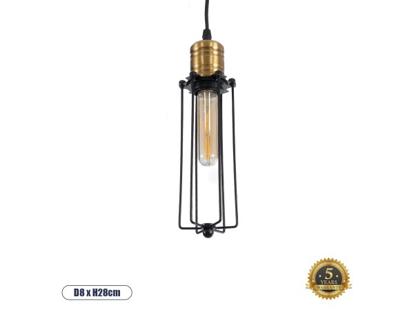 GLOBOSTAR® KLECE 01057 Vintage Κρεμαστό Φωτιστικό Οροφής με Ντουί 1 x E27 AC 220-240V IP20 - Μαύρο & Χρυσό - Μ8 x Π8 x Υ28cm
