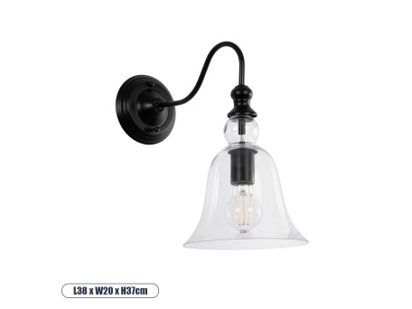 GLOBOSTAR® LILLY 01064 Vintage Φωτιστικό Τοίχου - Απλίκα με Ντουί 1 x E27 AC 220-240V IP20 - Μαύρο & Διάφανο - Μ38 x Π20 x Υ37cm