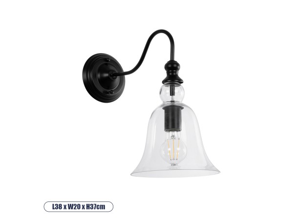 GLOBOSTAR® LILLY 01064 Vintage Φωτιστικό Τοίχου - Απλίκα με Ντουί 1 x E27 AC 220-240V IP20 - Μαύρο & Διάφανο - Μ38 x Π20 x Υ37cm