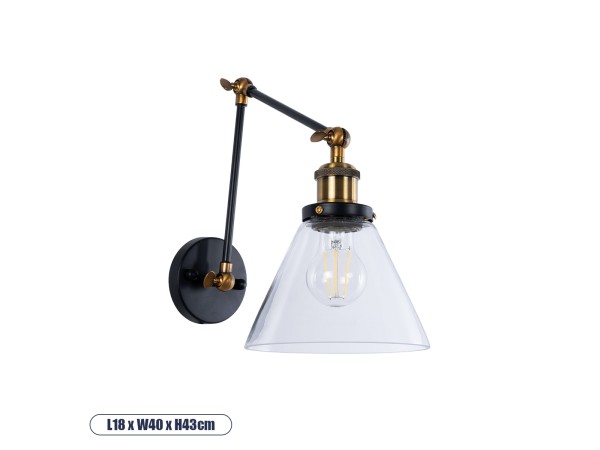 GLOBOSTAR® BINGLEY 01068 Vintage Φωτιστικό Τοίχου - Απλίκα με Ντουί 1 x E27 AC 220-240V IP20 - Διάφανο & Χρυσό - Μ18 x Π40 x Υ43cm