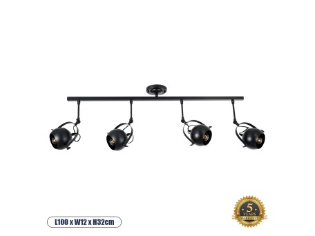 GLOBOSTAR® CANNES 01082 Μοντέρνο Φωτιστικό Οροφής με Ντουί 4 x E27 AC 220-240V IP20 - Μαύρο - Μ108 x Π12 x Υ48cm