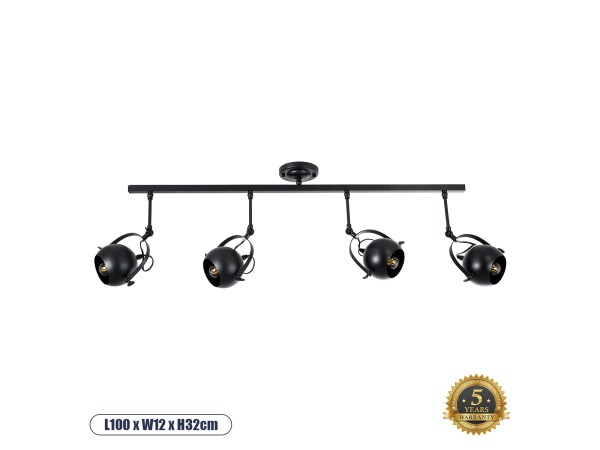 GLOBOSTAR® CANNES 01082 Μοντέρνο Φωτιστικό Οροφής με Ντουί 4 x E27 AC 220-240V IP20 - Μαύρο - Μ108 x Π12 x Υ48cm