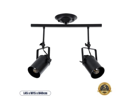GLOBOSTAR® HOLLYWOOD 01154 Vintage Φωτιστικό Οροφής με Ντουί 2 x E27 AC 220-240V IP20 - Μαύρο - Μ45 x Π15 x Υ40cm