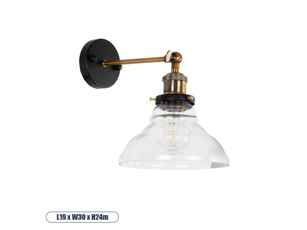 GLOBOSTAR® BINGLEY 01159 Vintage Φωτιστικό Τοίχου - Απλίκα με Ντουί 1 x E27 AC 220-240V IP20 - Διάφανο & Χρυσό - Μ19 x Π30 x Υ24cm