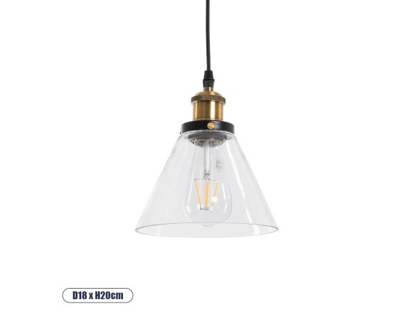 GLOBOSTAR® BINGLEY 01169 Vintage Κρεμαστό Φωτιστικό Οροφής με Ντουί 1 x E27 AC 220-240V IP20 - Διάφανο & Χρυσό - Μ18 x Π18 x Υ20cm