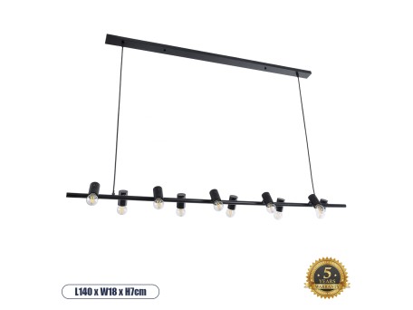 GLOBOSTAR® ALFREDA 01242 Μοντέρνο Κρεμαστό Φωτιστικό Οροφής με Ντουί 10 x E27 AC 220-240V IP20 - Μαύρο - Μ140 x Π18 x Υ7cm