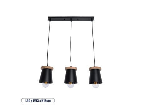 GLOBOSTAR® LANA 01425 Μοντέρνο Κρεμαστό Φωτιστικό Οροφής με Ντουί 3 x E27 AC 220-240V IP20 - Μαύρο & Καφέ - Μ60 x Π13 x Υ18cm