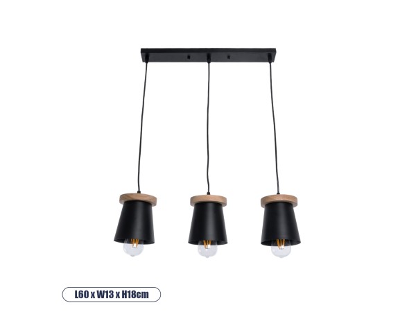 GLOBOSTAR® LANA 01425 Μοντέρνο Κρεμαστό Φωτιστικό Οροφής με Ντουί 3 x E27 AC 220-240V IP20 - Μαύρο & Καφέ - Μ60 x Π13 x Υ18cm