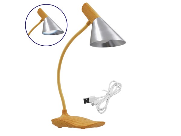 GloboStar® DRAPER 01438 Επιτραπέζιο Φωτιστικό Πορτατίφ LED 6W 500lm 360° DC 5V IP20 Φυσικό Λευκό 4500K Dimmable Μπεζ Ξύλο με Ασημί Μέταλλο - Μ10 x Π14 x Υ33cm - 2 Xρόνια Εγγύηση