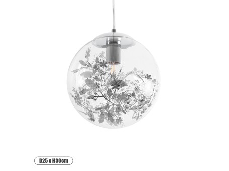 GLOBOSTAR® HARPER 01510 Μοντέρνο Κρεμαστό Φωτιστικό Οροφής με Ντουί 1 x E27 AC 220-240V IP20 - Διάφανο & Ασημί - Μ25 x Π25 x Υ30cm