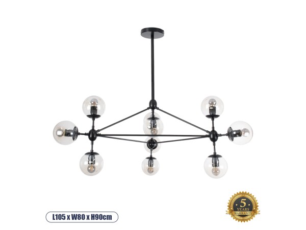 GLOBOSTAR® SENTINEL 01636 Μοντέρνο Φωτιστικό Οροφής με Ντουί 10 x E27 AC 220-240V IP20 - Μαύρο & Διάφανο - Μ105 x Π80 x Υ90cm