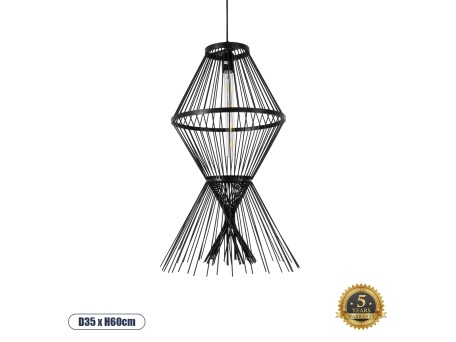 GLOBOSTAR® YOSHI 01929 Boho Κρεμαστό Φωτιστικό Οροφής με Ντουί 1 x E27 AC 220-240V IP20 - Μαύρο - Μ35 x Π35 x Υ60cm