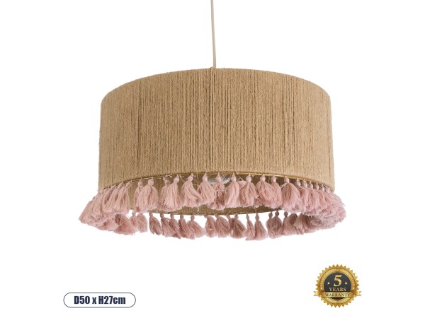 GLOBOSTAR® PUERTORICO 02096 Boho Κρεμαστό Φωτιστικό Οροφής με Ντουί 1 x E27 AC 220-240V IP20 - Μπεζ & Ροζ - Μ50 x Π50 x Υ27cm