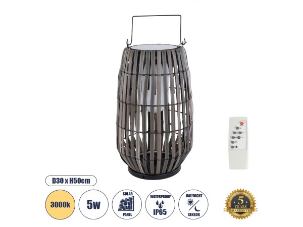 GLOBOSTAR® NETLEY 02306 Boho Επιδαπέδιο Φωτιστικό LED 5W 200lm 180° με Φωτοβολταϊκό Panel 3.6V 0.1W με Αισθητήρα Ημέρας/Νύχτας Αδιάβροχο IP65 Θερμό Λευκό 2700K - Γκρι - Μ30 x Π30 x Υ50cm - 2 Χρόνια Εγγύηση