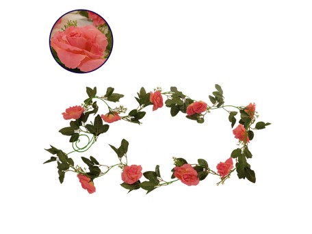 GloboStar® 09001 Τεχνητό Κρεμαστό Φυτό Διακοσμητική Γιρλάντα Μήκους 2.2 μέτρων με 10 X Μεγάλα Τριαντάφυλλα Κοραλί