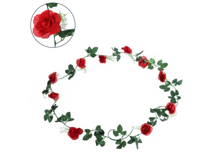GloboStar® 78129 Τεχνητό Κρεμαστό Φυτό Διακοσμητική Γιρλάντα Λουλουδιών με 10 Κόκκινα Τριαντάφυλλα & Πράσινο Φύλλωμα M20 x Υ220 x Π20cm