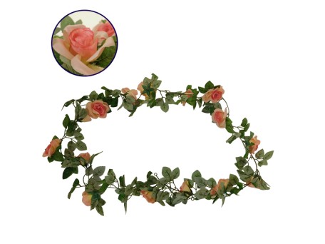 GloboStar® 09006 Τεχνητό Κρεμαστό Φυτό Διακοσμητική Γιρλάντα Μήκους 2 μέτρων με 16 X Μεγάλα Τριαντάφυλλα Ροζ Σομόν