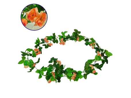 GloboStar® 09015 Τεχνητό Κρεμαστό Φυτό Διακοσμητική Γιρλάντα Μήκους 2.2 μέτρων με 33 X Μικρά Τριαντάφυλλα Σομόν