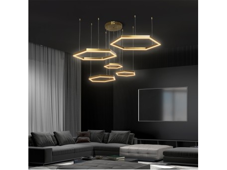 kelvo® LEXAGON KLV-101-0180 Κρεμαστό Φωτιστικό Οροφής LED 120W 12000lm 200° AC 220-240V IP20 Ρυθμιζόμενο Λευκό CCT με Χειριστήριο από 2700K έως 6000K Dimmable - Lumileds SMD Chip - Χρυσό Πλατίνα - Μ110 x Π90 x Υ110cm - 3 Χρόνια Εγγύηση