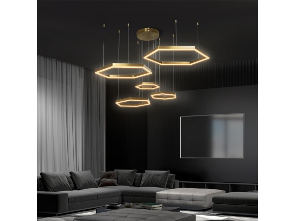 kelvo® LEXAGON KLV-101-0180 Κρεμαστό Φωτιστικό Οροφής LED 120W 12000lm 200° AC 220-240V IP20 Ρυθμιζόμενο Λευκό CCT με Χειριστήριο από 2700K έως 6000K Dimmable - Lumileds SMD Chip - Χρυσό Πλατίνα - Μ110 x Π90 x Υ110cm - 3 Χρόνια Εγγύηση