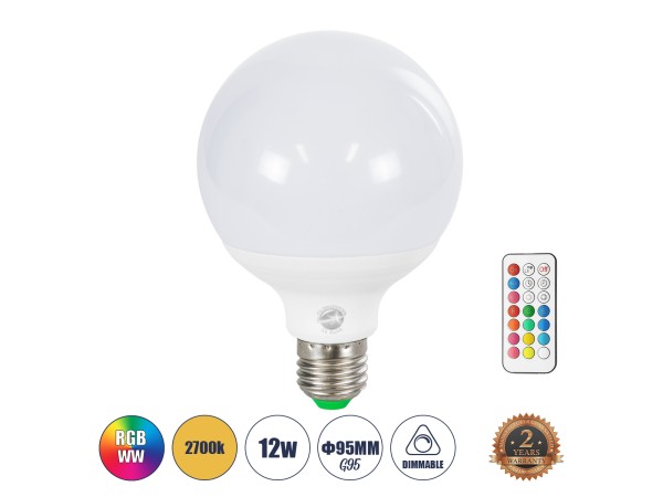 GLOBOSTAR® RGBOO 76071 Λάμπα E27 G95 με IR Ασύρματο Χειριστήριο LED 12W 780lm 260° AC 220-240V IP20 Πολύχρωμο RGB+WW Dimmable - Sanan SMD Chip - Μ9.5 x Π9.5 x Υ14cm - 2 Χρόνια Εγγύηση