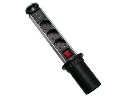 GLOBOSTAR® POWERFOLD 79630 Χωνευτό Πτυσσόμενο Πολύπριζο 5 Θέσεων με 2 x Πρίζες DC 5V USB 3.0 & 3 x EU Schuko Πρίζες Ασφαλείας Childproof AC 220-240V 3000W/13A Max Load με Διακόπτη On/Off IP20 - Μαύρο & Γκρι - Μ8 x Π8 x Υ33cm