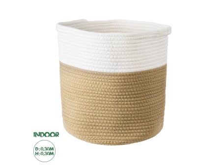 GloboStar® Artificial Garden PALAWAN 20202 Διακοσμητικό Πλεκτό Καλάθι - Κασπώ Γλάστρα - Flower Pot  Μπεζ με Λευκό Π30cm x Υ30cm