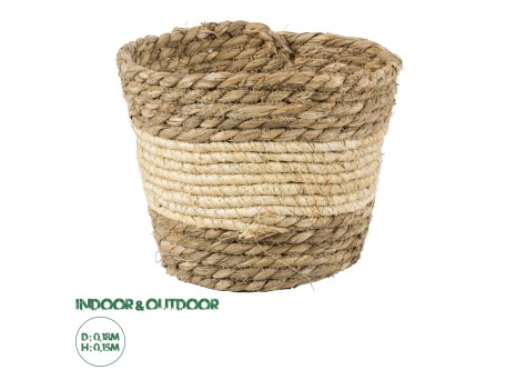 GloboStar® Artificial Garden KYTHIRA 20272 Διακοσμητικό Πλεκτό Καλάθι - Κασπώ Γλάστρα - Flower Pot Μπεζ με Λευκό Φ18cm x Υ15cm