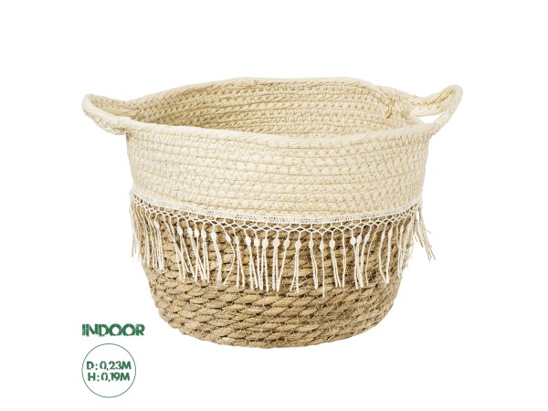 GloboStar® Artificial Garden MYKONOS 20280 Διακοσμητικό Πλεκτό Καλάθι - Κασπώ Γλάστρα - Flower Pot Μπεζ με Μακραμέ Φ25cm x Υ19cm