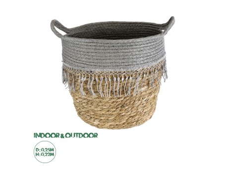 GloboStar® Artificial Garden SYROS 20282 Διακοσμητικό Πλεκτό Καλάθι - Κασπώ Γλάστρα - Flower Pot Μπεζ με Γκρι Φ25 x Υ22cm