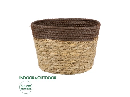 GloboStar® Artificial Garden LEFKADA 20287 Διακοσμητικό Πλεκτό Καλάθι - Κασπώ Γλάστρα - Flower Pot Μπεζ με Καφέ Φ22cm x Υ15cm