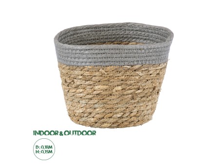 GloboStar® Artificial Garden ANTIPAROS 20288 Διακοσμητικό Πλεκτό Καλάθι - Κασπώ Γλάστρα - Flower Pot Μπεζ με Γκρι Φ18cm x Υ15cm