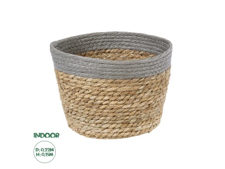 GloboStar® Artificial Garden ANTIPAROS 20289 Διακοσμητικό Πλεκτό Καλάθι - Κασπώ Γλάστρα - Flower Pot Μπεζ με Γκρι Φ22cm x Υ15cm
