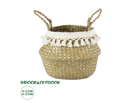 GloboStar® Artificial Garden MILOS 20306 Διακοσμητικό Ψάθινο Καλάθι - Κασπώ Γλάστρα - Flower Pot Μπεζ με Μακραμέ Φ17cm x Υ23cm