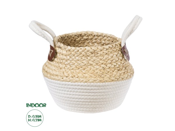 GloboStar® Artificial Garden KIMOLOS 20309 Διακοσμητικό Πλεκτό Καλάθι - Κασπώ Γλάστρα - Flower Pot Μπεζ με Λευκό Φ18cm x Υ21cm