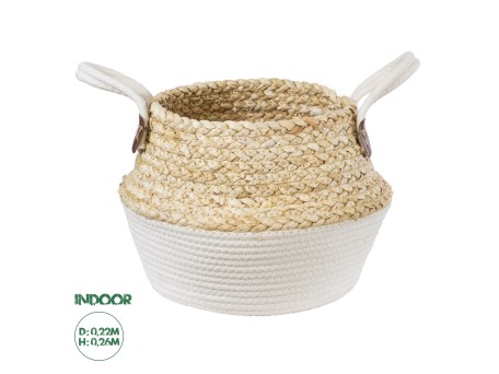 GloboStar® Artificial Garden KIMOLOS 20310 Διακοσμητικό Πλεκτό Καλάθι - Κασπώ Γλάστρα - Flower Pot Μπεζ με Λευκό Φ22cm x Υ26cm