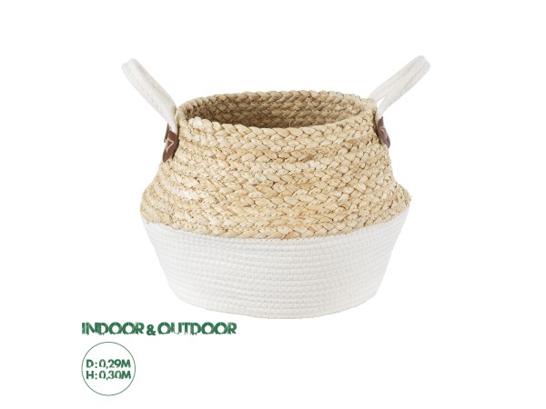 GloboStar® Artificial Garden KIMOLOS 20311 Διακοσμητικό Πλεκτό Καλάθι - Κασπώ Γλάστρα - Flower Pot Μπεζ με Λευκό Φ29cm x Υ30cm