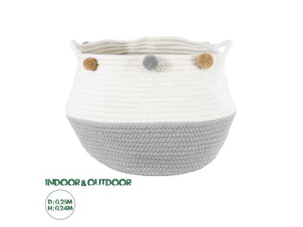 GloboStar® Artificial Garden KYTHNOS 20313 Διακοσμητικό Πλεκτό Καλάθι - Κασπώ Γλάστρα - Flower Pot Γκρι με Λευκό Φ25cm x Υ24cm