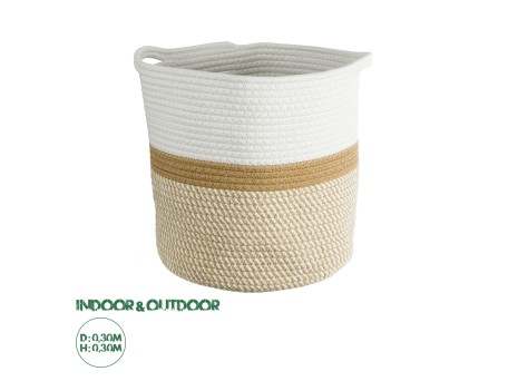 GloboStar® Artificial Garden ITHAKI 20325 Διακοσμητικό Πλεκτό Καλάθι - Κασπώ Γλάστρα - Flower Pot Μπεζ με Λευκό Φ30 x Υ30cm